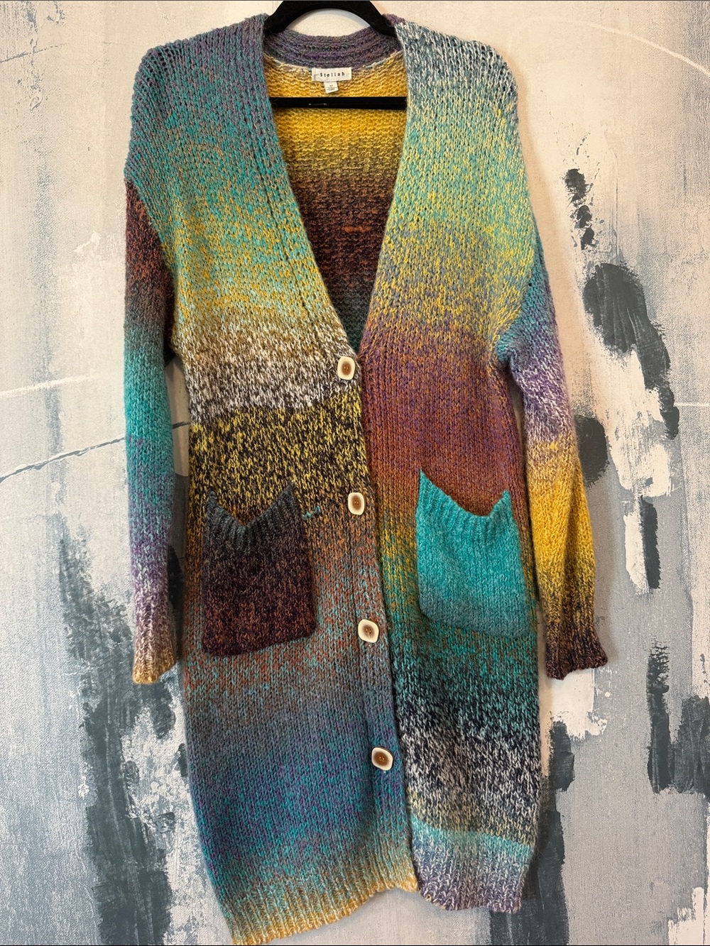 Stellah Teal Mustard Purple Ombre Long Knit Cardigan